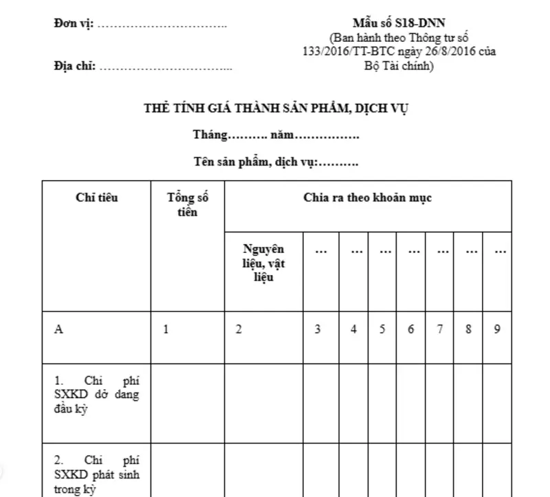 Bảng tính giá thành sản phẩm nhà hàng đơn giản