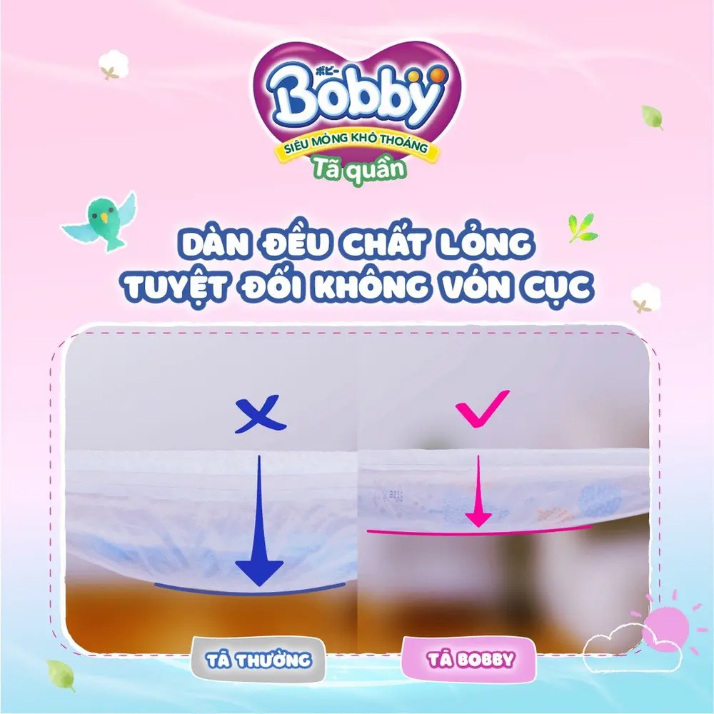 Tã, bỉm Bobby thấm dàn đều chất lỏng và không gây vón cục
