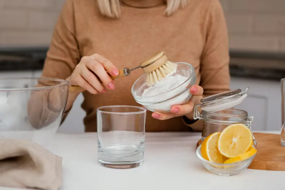 Rắc baking soda và xịt giấm ăn lên mặt kính bếp từ để làm sạch vết cháy cứng đầu.