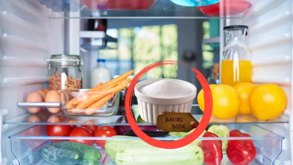 Đặt chén nhỏ baking soda mở nắp trong tủ lạnh để giúp khử mùi hiệu quả