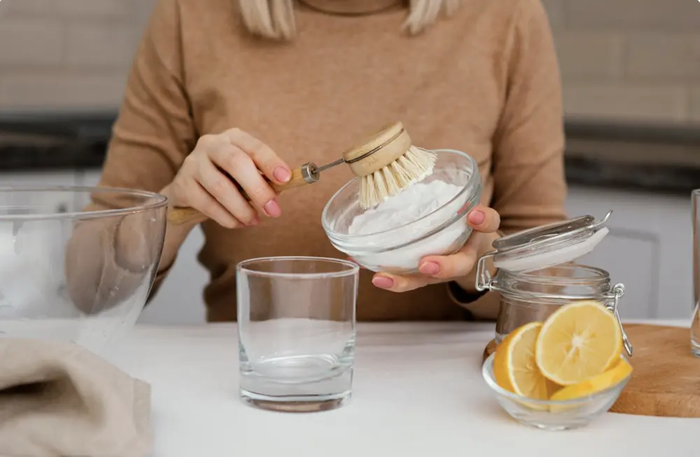 Sử dụng baking soda để làm sạch vết bẩn thực phẩm trên bề mặt, giúp loại bỏ dầu mỡ và vết ố hiệu quả