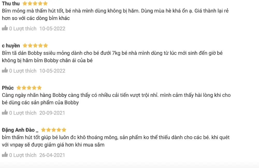 “Tã dán mỏng nhẹ, thấm hút tốt, dùng cho bé sơ sinh không lo bị hăm". Đây là những đánh giá của mẹ về chất lượng của tã dán sơ sinh Bobby.