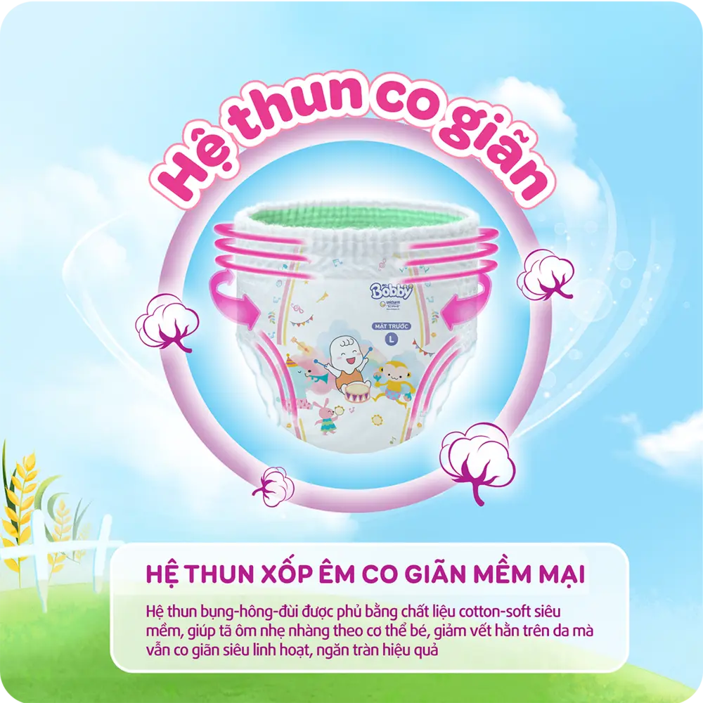 Hệ thun xốp êm co giãn mềm mại, không gây hằn trên da bé
