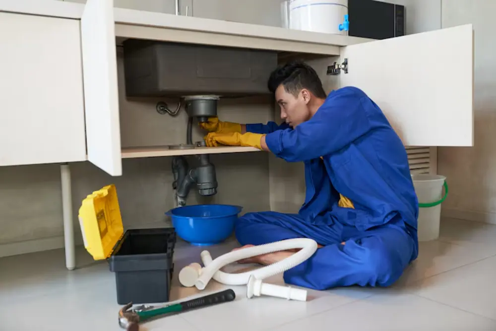 Nhân viên kỹ thuật chuyên nghiệp đang tiến hành thông tắc bồn rửa chén bằng thiết bị chuyên dụng