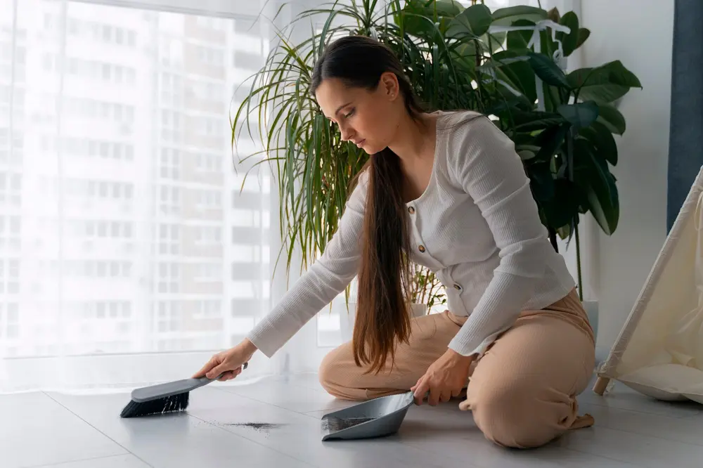 Người đang quét sàn nhà bằng chổi mềm để loại bỏ bụi và rác trước khi lau, giúp bảo vệ bề mặt sàn không bị trầy xước