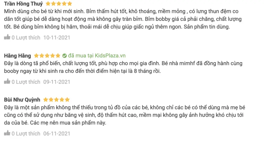 Chất lượng của tã dán Bobby được đánh giá cao