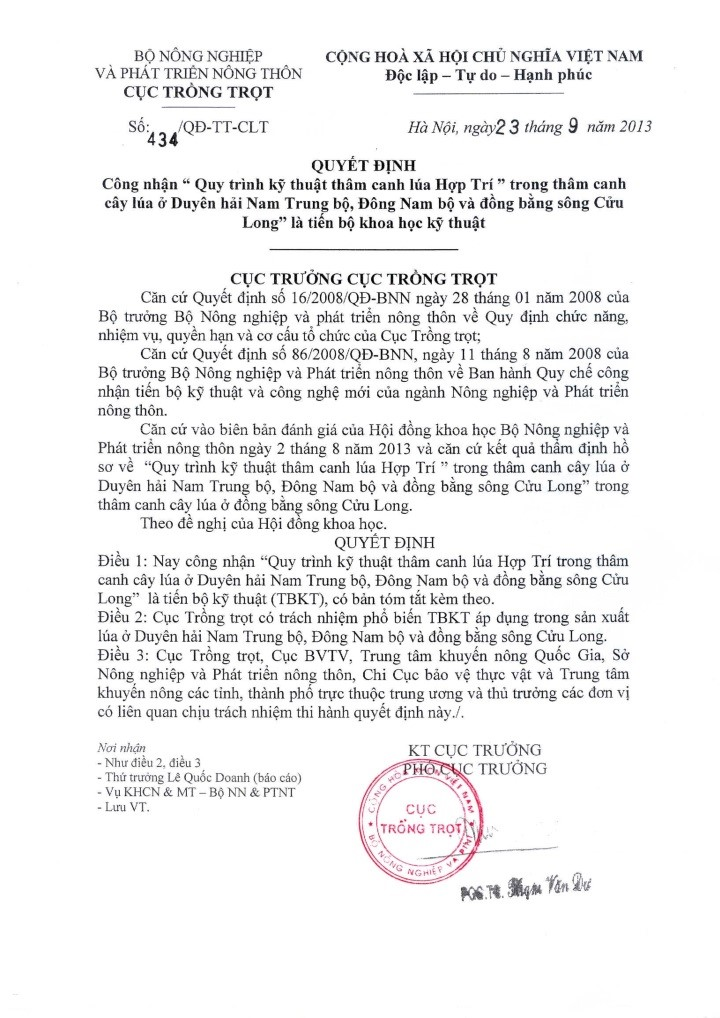 Quyết định 434/QĐ-TT-TCL của Cục Trồng trọt công nhận Tiến bộ KHKT cấp Quốc gia năm 2013